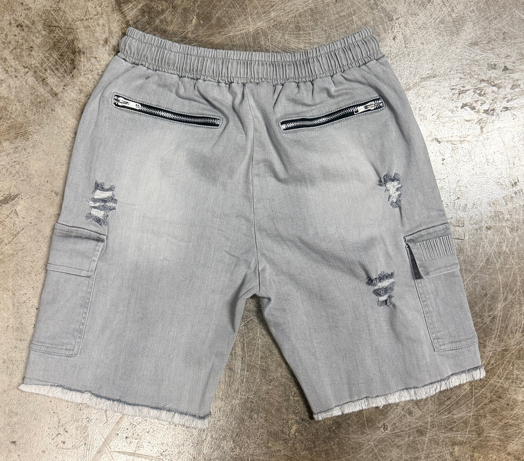 We Hate Haters Club Embossed Denim Shorts (Light Grey)