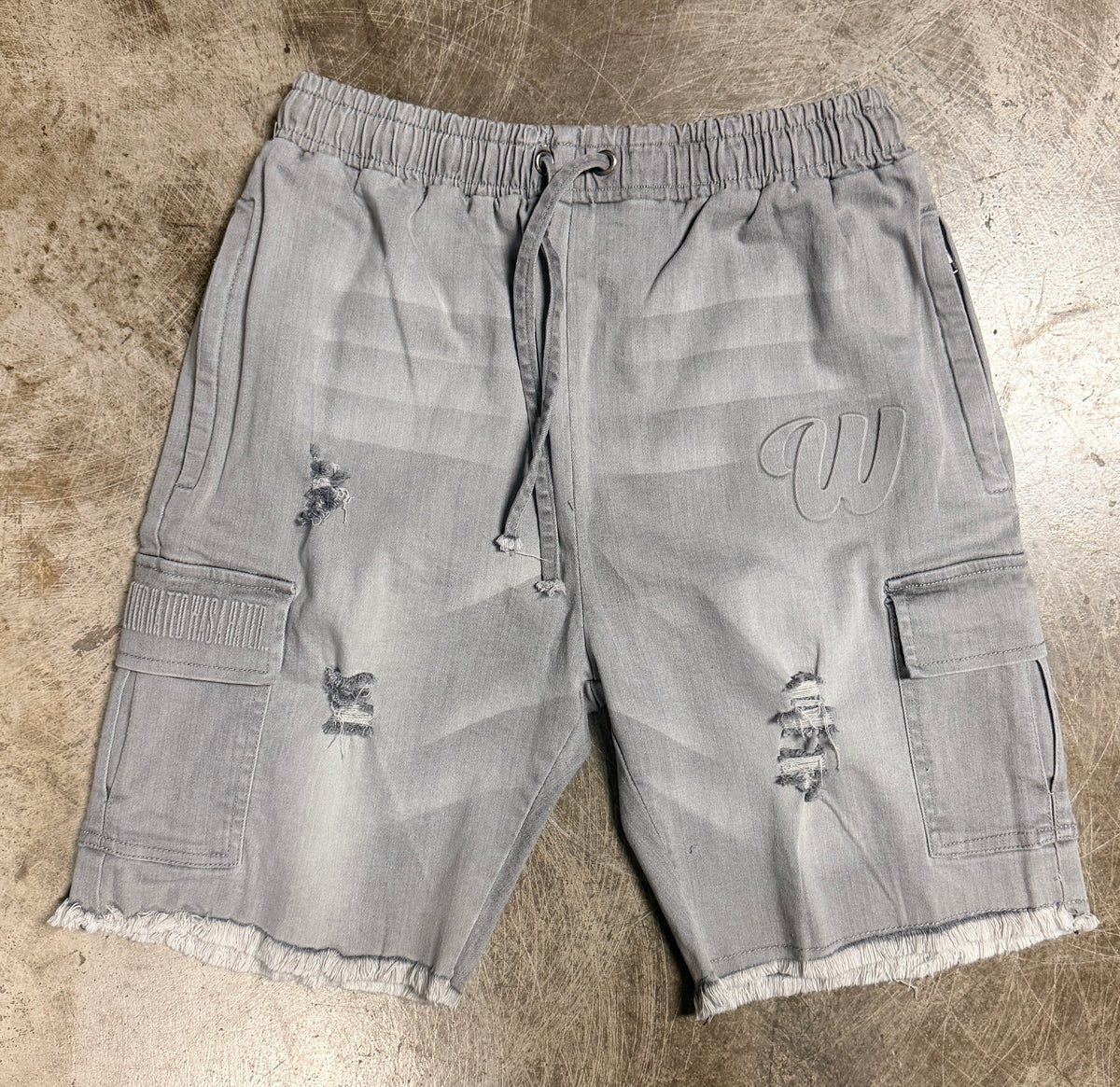 We Hate Haters Club Embossed Denim Shorts (Light Grey)